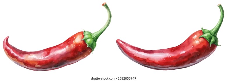 Vibrant watercolor chili peppers, fresh red color, organic food illustration, culinary art, kitchen decor.