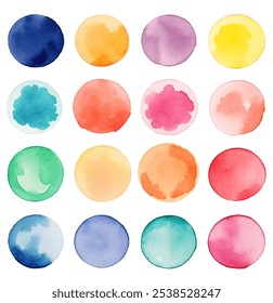 Vibrant Watercolor Circles Set Vector Design. Stunning collection of 16 watercolor circles with diverse range of colors, from bold and bright to soft and pastel isolated on white background