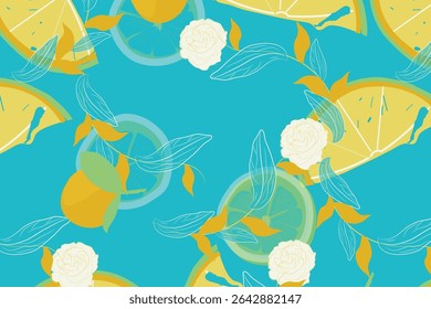 Vibrant watercolor citrus fruits with soft floral Floating Freely , perfect for summer stationery, packaging, and kitchen textiles.