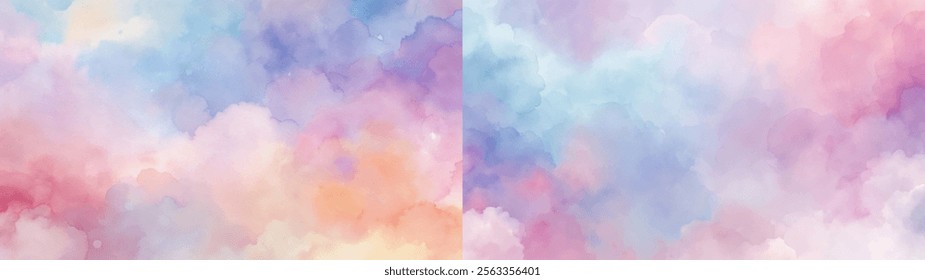 Vibrant watercolor clouds in shades of purple and pink evoke a whimsical, artistic feel.