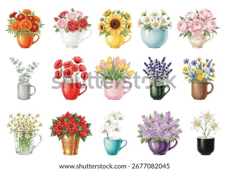 A vibrant watercolor collection featuring various flowers blooming in colorful mugs cups and decorative pots.Includes roses sunflowers daisies poppies tulips lavender and more, perfect for home decor.