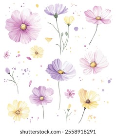 A vibrant watercolor collection of pastel wildflowers in pink, yellow, and purple, showcasing their delicate petals and whimsical charm.
