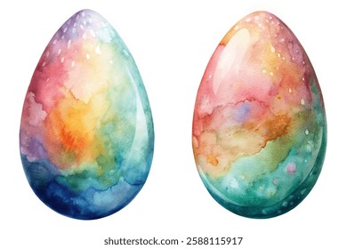 Vibrant watercolor eggs, colorful abstract patterns, artistic design, Easter decoration, spring celebration, artistic background.