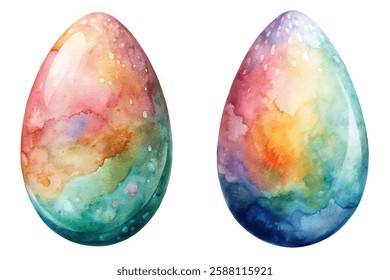 Vibrant watercolor eggs, colorful abstract patterns, artistic design elements, festive decoration, spring celebration themes.