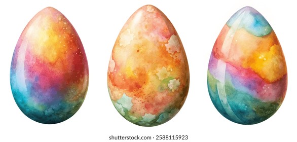 Vibrant watercolor eggs, colorful abstract patterns, festive decoration, artistic illustration for Easter, spring themes.