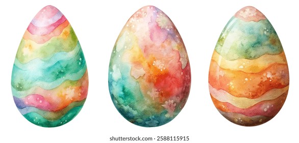 Vibrant watercolor eggs, colorful pastel patterns, festive spring decoration, artistic design, Easter celebration, creative illustration.