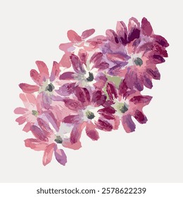 Vibrant watercolor flowers in shades of pink and purple. Floral watercolor art with pink and purple flowers. Delicate watercolor flowers in pink and purple hues. Vintage flower illustration, vector.