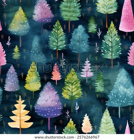 Vibrant watercolor forest seamless pattern. Variety of trees in rich autumn hues captivating outdoor scenery vector background. Beauty of nature with a whimsical touch for kid-friendly designs