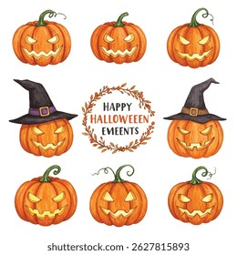 Vibrant watercolor Halloween illustration featuring carved pumpkins encircling a festive wreath with Happy Halloween Events.Perfect for seasonal decorations, event promotions, and spooky celebrations.