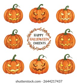 Vibrant watercolor Halloween illustration featuring carved pumpkins encircling a festive wreath with Happy Halloween Events.Perfect for seasonal decorations, event promotions, and spooky celebrations.