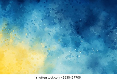 Vibrant watercolor illustrates a tranquil Caribbean beach at sunset. Soft waves lap at the shore, while a brilliant sky transitions from blue to warm yellow hues, creating a peaceful atmosphere 