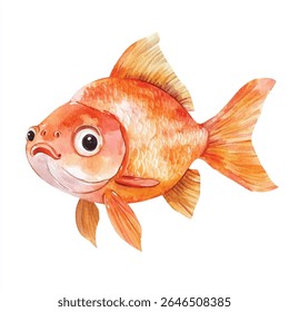 A vibrant watercolor illustration of a goldfish, showcasing detailed fins and scales, with a slightly open mouth and expressive eyes.