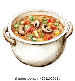 A vibrant watercolor illustration of a hearty vegetable soup in a large, light beige pot. The soup is full of colorful vegetables, including mushrooms, peppers, zucchini, and tomatoes.