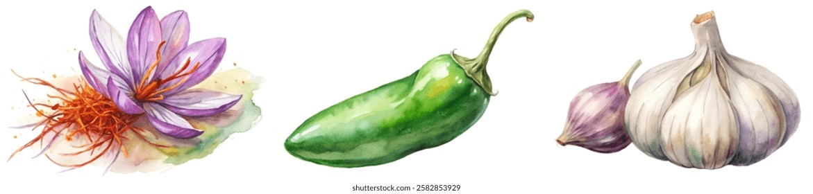 Vibrant watercolor illustration, saffron flower, green chili pepper, garlic cloves, culinary herbs, food art.