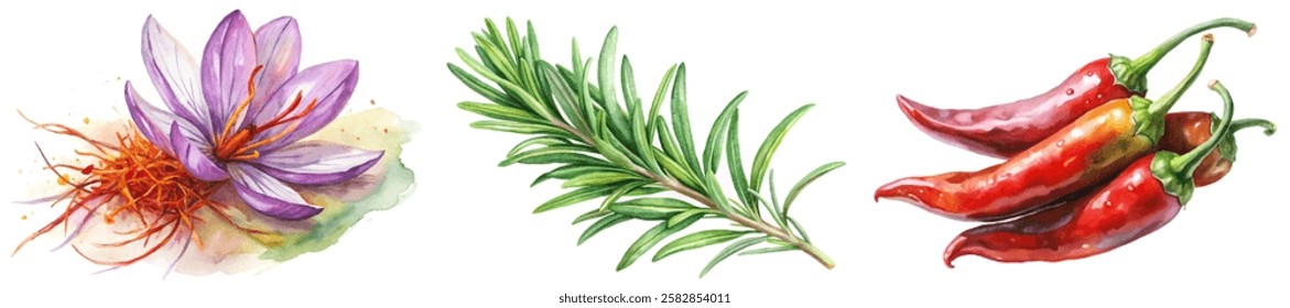 Vibrant watercolor illustration, saffron flower, fresh rosemary sprig, red chili peppers, culinary herbs, botanical art.