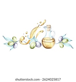 Vibrant watercolor illustration showcasing olives and olive oil in a Mediterranean inspired setting frame, border, arrangement