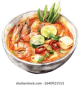 A vibrant watercolor illustration of Tom Yum soup featuring shrimp, lime slices, fresh herbs, and tofu in a gray bowl.