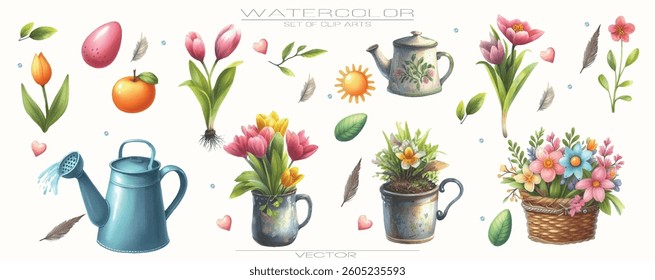 Vibrant watercolor illustrations of flowers and spring elements for your creative projects