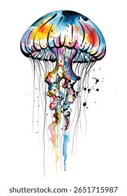 Vibrant aquarela águas-vivas Méduse Ilustração isolada no fundo branco - Abstract Marine Life Artwork