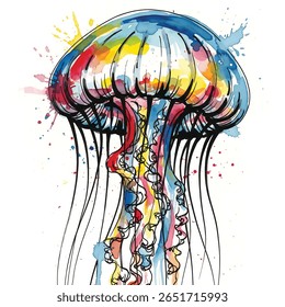 Vibrant aquarela águas-vivas Méduse Ilustração isolada no fundo branco - Abstract Marine Life Artwork