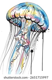 Vibrant aquarela águas-vivas Méduse Ilustração isolada no fundo branco - Abstract Marine Life Artwork