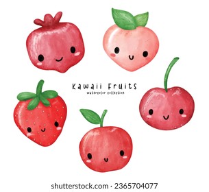 Vibrant watercolor kawaii collection featuring adorable illustrations of red fruits like apples, peaches, cherries, strawberries, and pomegranates. Perfect for adding a sweet touch to your projects.