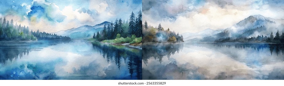 Vibrant watercolor landscape with mountains, trees, and reflective waters illuminated by soft light.