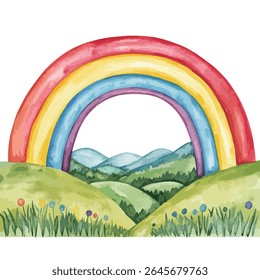 A vibrant watercolor painting depicts a rainbow arching over green hills, wildflowers, and a forest.