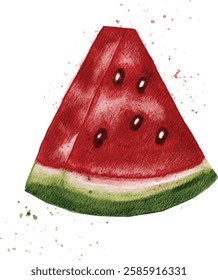 A vibrant watercolor painting of a fresh watermelon slice with juicy red flesh, black seeds, and a green rind. The artistic splashes enhance its refreshing and summery appeal, perfect for fruit lovers