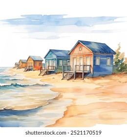 Pintura aquarela vibrante da atmosfera idílica da aldeia costeira. Fileira de cabanas de praia coloridas na costa arenosa e o fundo espumante do vetor do oceano. Palmeiras balançam suavemente ao vento