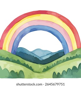 A vibrant watercolor painting of a rainbow arching over green hills, with blue mountains visible in the distance, creating a serene landscape.