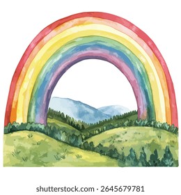 A vibrant watercolor painting of a rainbow arching over a valley with rolling hills and forests. The colors are soft and blended, creating a peaceful and joyful scene.