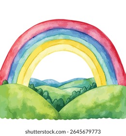 A vibrant watercolor painting of a rainbow spanning over rolling hills. The hills are painted in shades of green, with small trees, and the rainbow is a full spectrum of colors.
