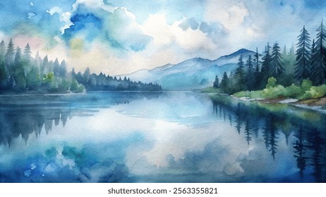 Vibrant watercolor painting of a serene lake surrounded by lush trees and distant mountains under a bright sky.