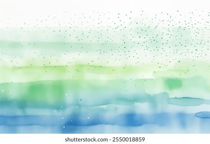 Pintura em aquarela vibrante em tons de azul, verde e branco. Cores refrescantes e pontos brincalhões sensação de celebração e design de vetor de prazer. Trabalho artístico colorido