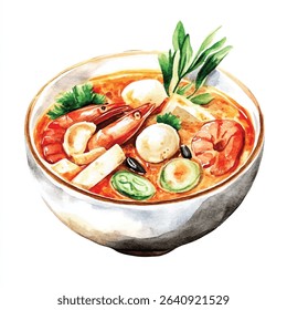 A vibrant watercolor painting of Tom Yum soup, featuring shrimp, vegetables, and herbs in a white bowl. The soup has a rich orange hue.