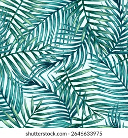 A vibrant watercolor pattern featuring various palm leaves in shades of green, perfect for backgrounds or tropical-themed designs.