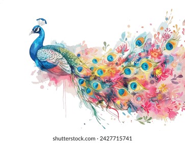 A vibrant watercolor peacock with feathers that bloom into a floral cascade, animals, watercolor style, white background, with copy space