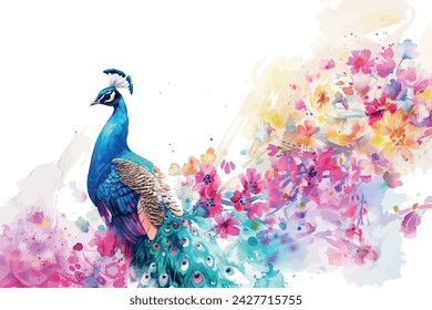 A vibrant watercolor peacock with feathers that bloom into a floral cascade, animals, watercolor style, white background, with copy space