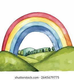 A vibrant watercolor rainbow spans across a picturesque hilly landscape. Gentle rolling hills are painted in shades of green, with small stylized trees scattered across the terrain.