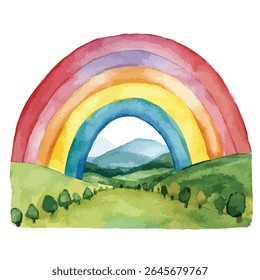 O arco-íris de aquarela vibrante abrange uma paisagem serena; colinas verdes, árvores e montanhas distantes visíveis abaixo.