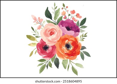 Vibrant Watercolor Rose Bouquet, A Stunning Floral Illustration. Elegant Watercolor Floral Art Bestselling Rose Bouquet Design, Creative and Colorful Rose Bouquet High Demand Watercolor Artwork