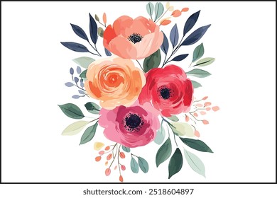 Vibrant Watercolor Rose Bouquet, A Stunning Floral Illustration. Elegant Watercolor Floral Art Bestselling Rose Bouquet Design, Creative and Colorful Rose Bouquet High Demand Watercolor Artwork