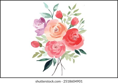 Vibrant Watercolor Rose Bouquet, A Stunning Floral Illustration. Elegant Watercolor Floral Art Bestselling Rose Bouquet Design, Creative and Colorful Rose Bouquet High Demand Watercolor Artwork