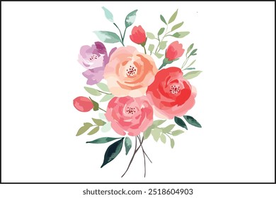 Vibrant Watercolor Rose Bouquet, A Stunning Floral Illustration. Elegant Watercolor Floral Art Bestselling Rose Bouquet Design, Creative and Colorful Rose Bouquet High Demand Watercolor Artwork