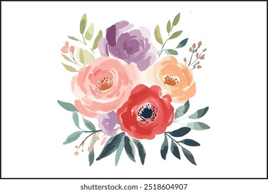 Vibrant Watercolor Rose Bouquet, A Stunning Floral Illustration. Elegant Watercolor Floral Art Bestselling Rose Bouquet Design, Creative and Colorful Rose Bouquet High Demand Watercolor Artwork