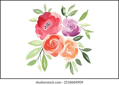 Vibrant Watercolor Rose Bouquet, A Stunning Floral Illustration. Elegant Watercolor Floral Art Bestselling Rose Bouquet Design, Creative and Colorful Rose Bouquet High Demand Watercolor Artwork