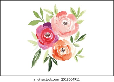 Vibrant Watercolor Rose Bouquet, A Stunning Floral Illustration. Elegant Watercolor Floral Art Bestselling Rose Bouquet Design, Creative and Colorful Rose Bouquet High Demand Watercolor Artwork