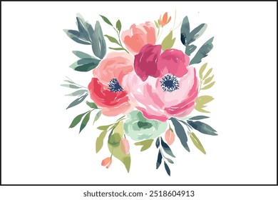 Vibrant Watercolor Rose Bouquet, A Stunning Floral Illustration. Elegant Watercolor Floral Art Bestselling Rose Bouquet Design, Creative and Colorful Rose Bouquet High Demand Watercolor Artwork