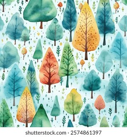 Vibrant watercolor seamless pattern of colorful trees and foliage. Beautiful and creative vector artwork of a lush forest landscape natural scenery. Mix of vivid hues and intricate details background 